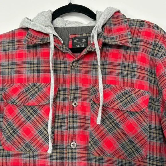 Oakley Mens Hooded Quilted Red Flannel Shirt Jacket Size M Plaid Patterned - Picture 4 of 14
